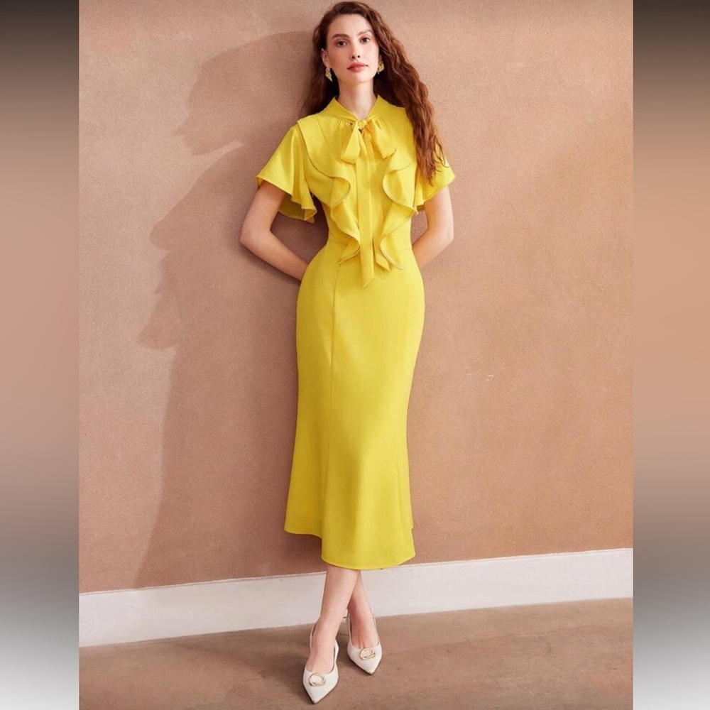 MOTF Yellow Midi Dress with Ruffle Details